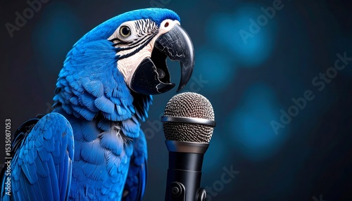 Blue parrot with microphone