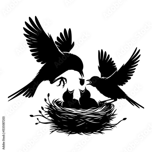 Parent birds feeding baby birds in nest silhouette