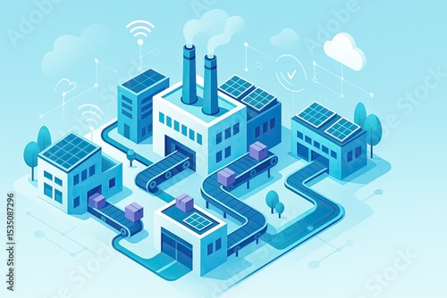 Modern isometric illustration of a smart industrial factory complex with interconnected buildings chimneys and solar panels representing advanced manufacturing systems