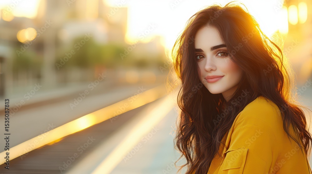 Fototapeta premium Radiant beauty: An attractive woman with long dark hair illuminated by the warm golden sunlight, her smile radiating an aura of tranquility and serene poise. 