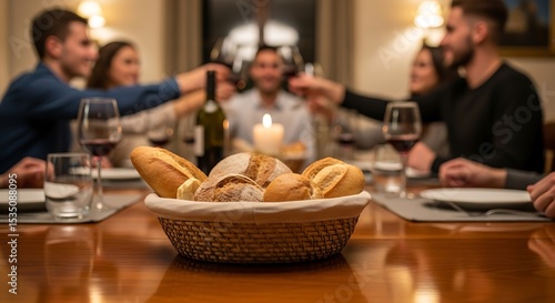 Festive Dinner Gathering: Bread, Wine, and Companionship