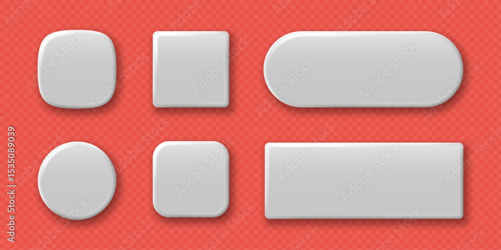 Set of white blank geometric buttons of square round and rectangular shapes with shadows. Vector 3d illustration.