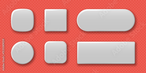 Set of white blank geometric buttons of square round and rectangular shapes with shadows. Vector 3d illustration.