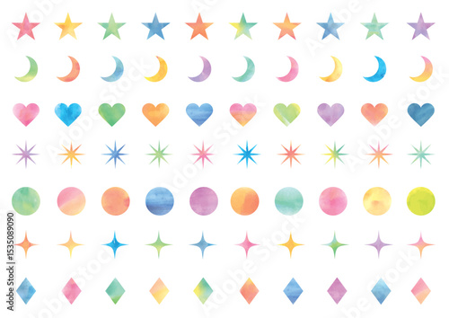 A set of seven colorful watercolor-style shapes, including stars and hearts