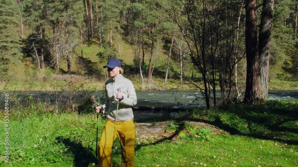 Woman tourist holding hiking poles, walking through the forest on sunny autumn day. She comes to the shore of a rushing mountain river. Woman tourist holding hiking poles, walking through the forest on sunny autumn day. She comes to the shore of a rushing mountain river.