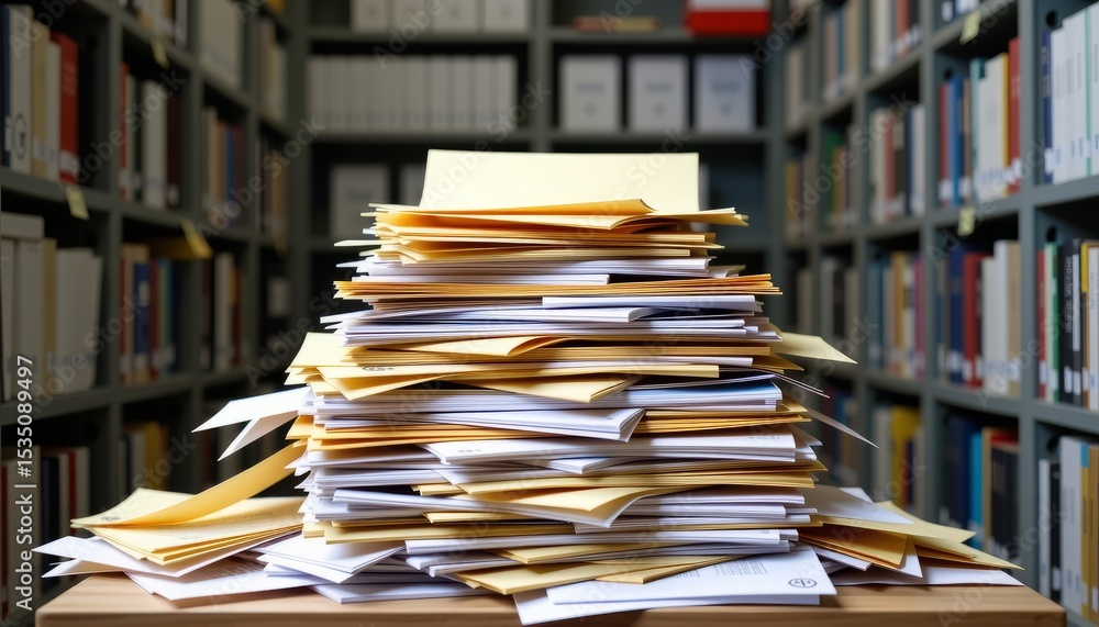 Obraz premium Overwhelming Stack of Unorganized Documents in Library Shelves