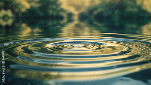 Wallpaper Mural Circular ripples expanding on calm water surface at sunset reflecting green trees Torontodigital.ca