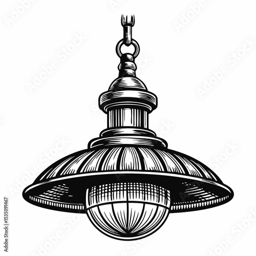 Vintage bar pendant lamp with metal shade and chain. Stylish bar lighting pendant lamp design with ribbed metal shade and glass globe.