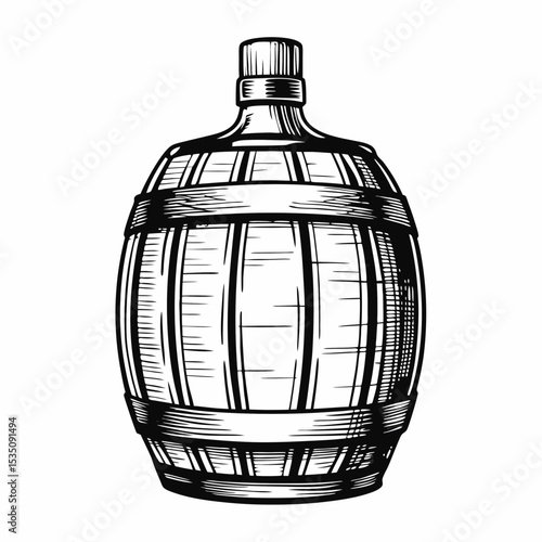 Barrel aged whiskey bottle design.  Premium alcohol vintage bottle illustration with wooden barrel.  High quality graphic for premium alcohol labels and vintage whiskey packaging design.