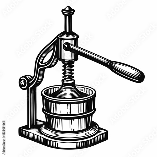 Vintage citrus press juicer for fresh juice. Hand-operated citrus press with wooden bowl and metal lever.