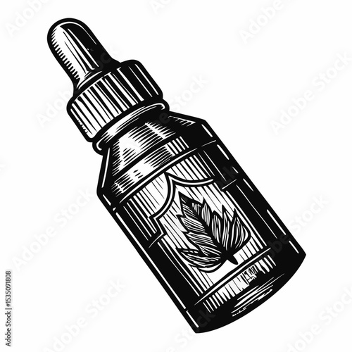 Herbal bitters bottle with dropper.  Vintage style herbal bitters bottle design featuring a dropper and leaf illustration.