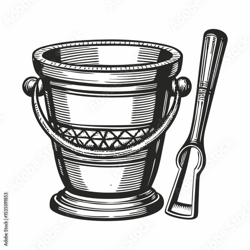 Ice bucket with tongs. Elegant ice bucket and tongs illustration. Premium ice bucket set for luxury bars and restaurants. This vintage design is perfect for premium alcohol vintage sets.