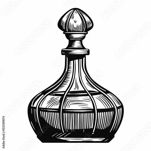 Elegant liqueur bottle with fancy cap. Bottle design features a decorative cap and intricate glasswork.  This premium alcohol vintage set is perfect for labels, packaging, or distillery advertising.