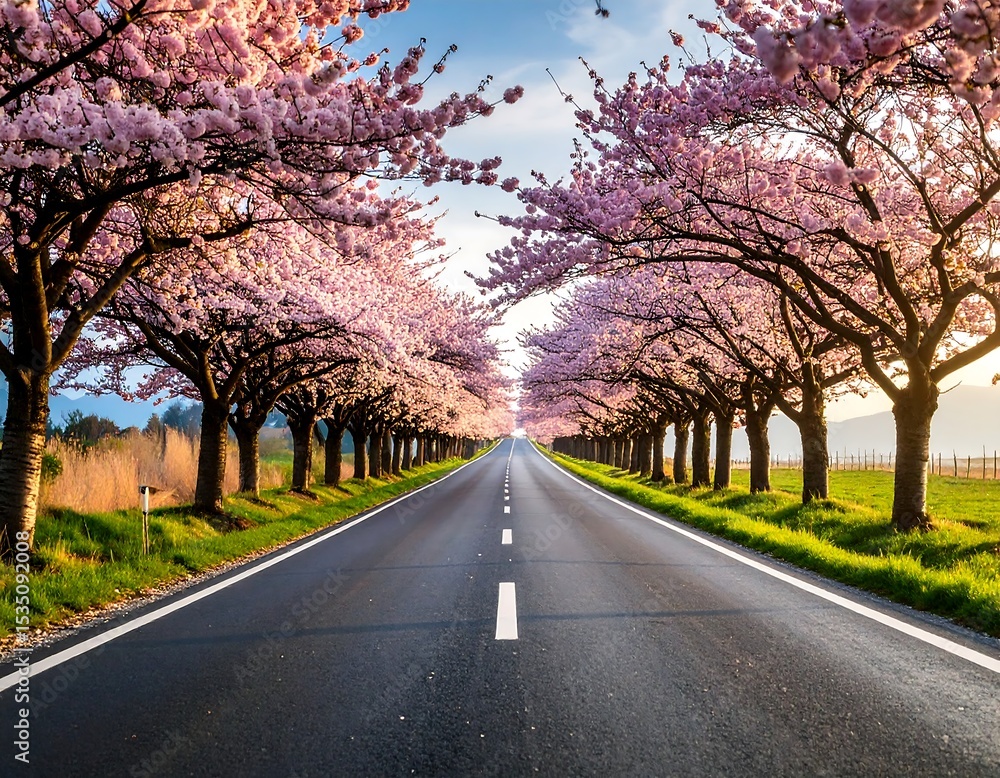 Fototapeta premium Spring road lined with cherry blossoms