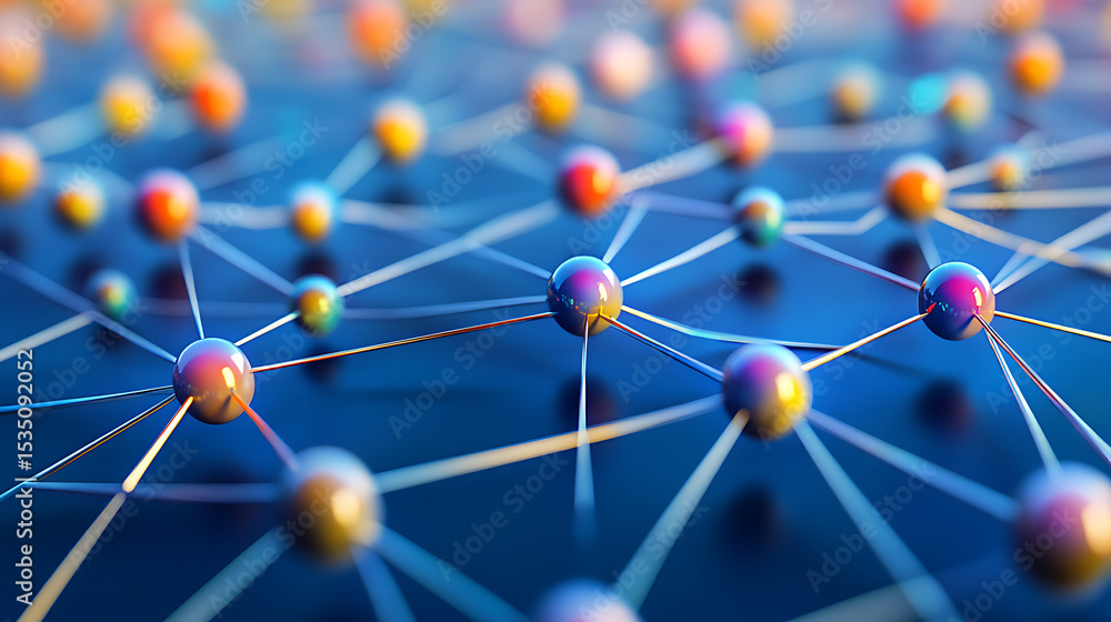 Interconnected Nodes with Vibrant Spheres on a Blue Grid Background Interconnected Nodes with Vibrant Spheres on a Blue Grid Background