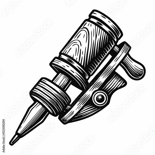 Vintage tattoo machine illustration. Detailed drawing of old school tattoo equipment with wooden grip and metal parts. Classic tattoo machine design perfect for vintage tattoo studio logo, poster,