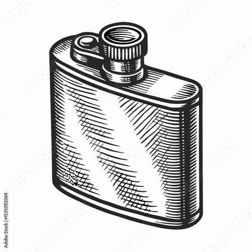 Small whiskey flask illustration. Classic metal hip flask design, perfect for alcohol brands. Detailed drawing of small flask ideal for premium alcohol vintage set design.