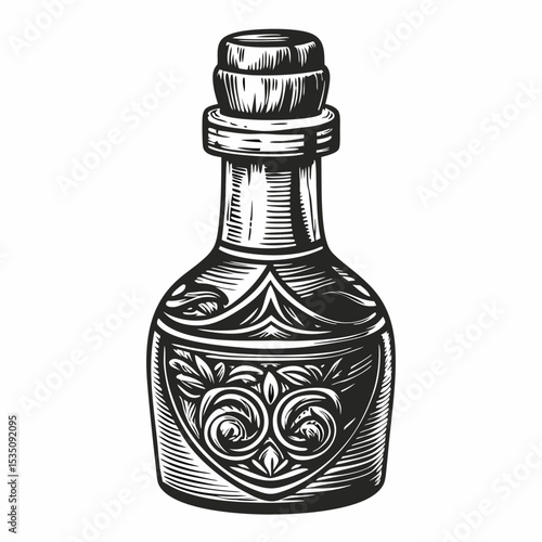 Vintage bottle with cork stopper. Elegant glass bottle with detailed engraving and a rustic cork. This premium alcohol tincture bottle design is perfect for vintage labels, packaging design,