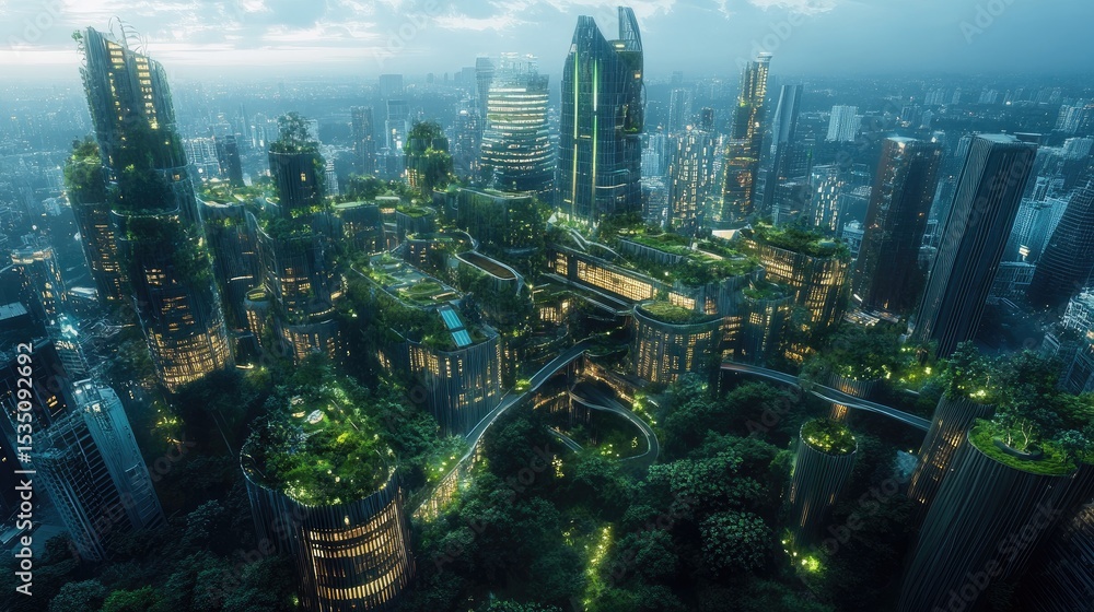 Obraz premium Futuristic Urban Landscape with Lush Greenery and Innovative Skyscrapers Under a Dusk Sky