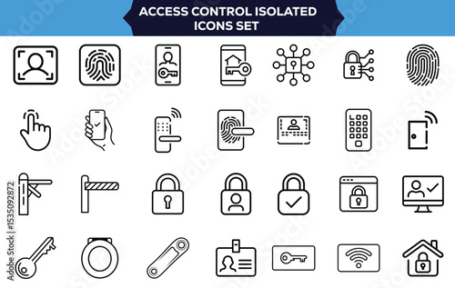 Secure Access Control Icon Set Collection of Isolated Vector Icons with Face ID, Biometric Security, Smart Lock, Keypad Entry, Turnstile, Barrier, Magnetic Key, and Mobile Authentication for Safety 