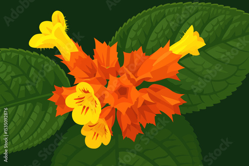 A vibrant digital illustration of Chrysothemis pulchella, commonly known as the sunset bells or black flamingo plant. The artwork showcases the plant’s striking trumpet-shaped flowers in brilliant