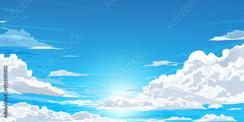 Blue sky, cloud background,Cartoon scene anime nature style,Sunny day summer with sunlight shining, white cloudy on clear sky over sea,Vector illustration of heaven with bright light in spring season