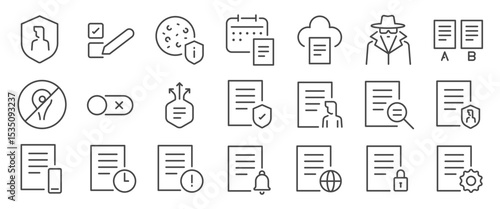 Privacy policy icon set. It included user, file, document, terms, consent, and more icons. Editable Vector Stroke.