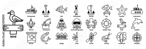 A collection of various sea creatures and objects, including a bird, fish