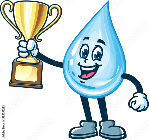 Cartoon water drop character holding a trophy