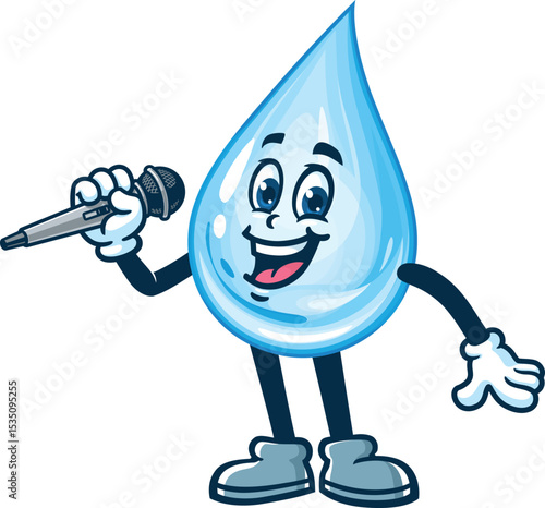 Cartoon water drop character holding microphone and singing