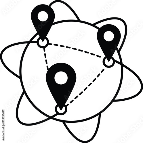 icon of represents the concept of global presence, a pin on a globe. black flat icon. indicating influence and connectivity across the world.  
