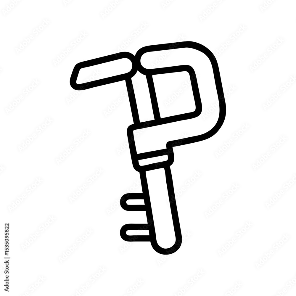 A simple depiction of a metal clamp with a unique shape and a distinct handle design element shown A simple depiction of a metal clamp with a unique shape and a distinct handle design element shown