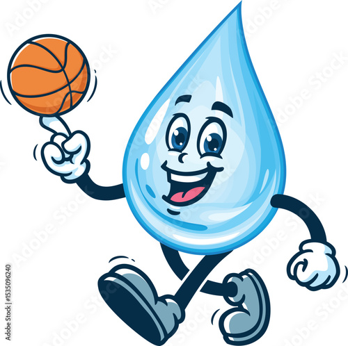 Cartoon water drop character playing basketball