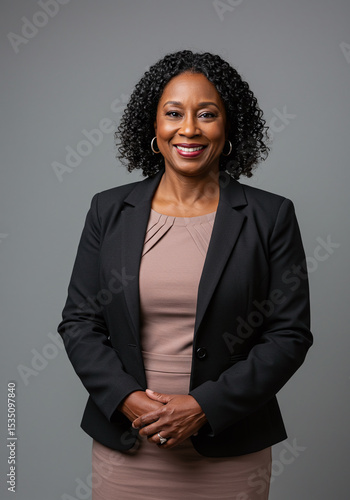 Middle-aged Black woman smiling warmly in conservative dress and blazer, standing politely in pale gray studio.