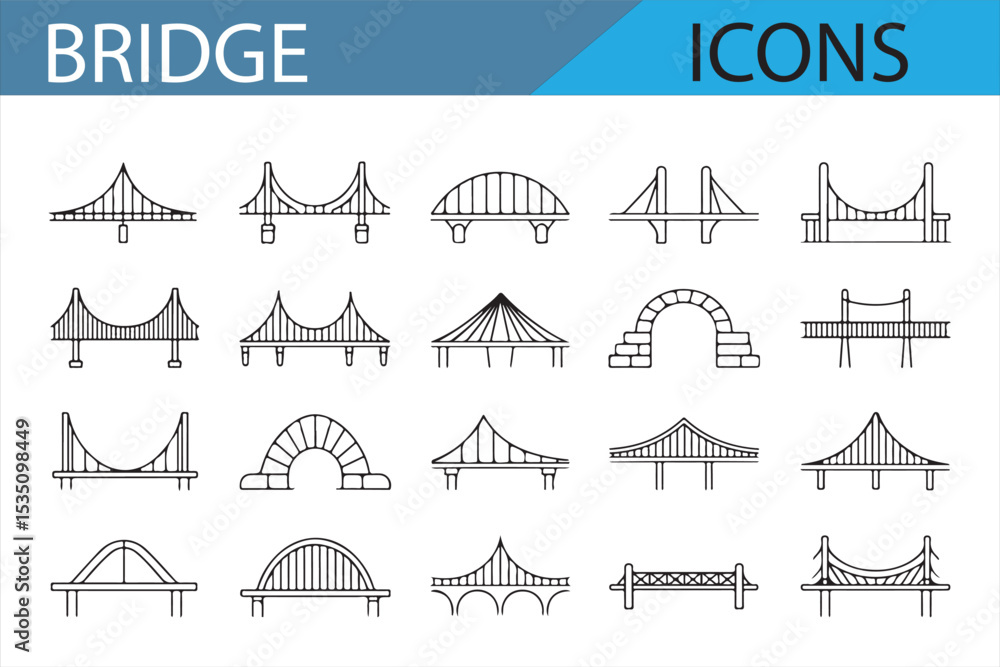 Line art illustrations of bridges for civil engineering, transportation, and infrastructure development