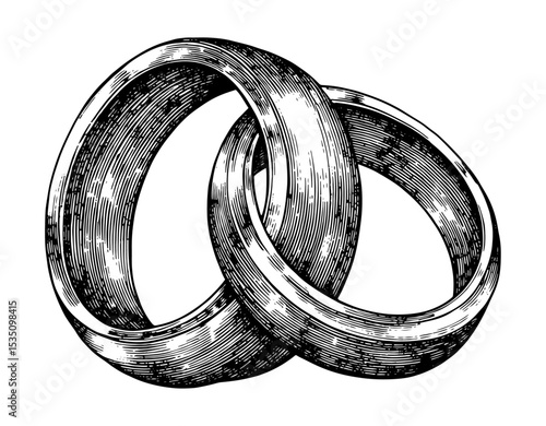 Intertwined wedding rings in engraving style in black and white representing marriage