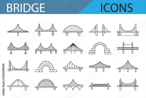 Line art illustrations of bridges for civil engineering, transportation, and infrastructure development