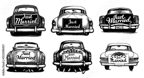 Vintage 'Just Married' cars in retro printmaking style, black and white, for wedding and honeymoon themes.