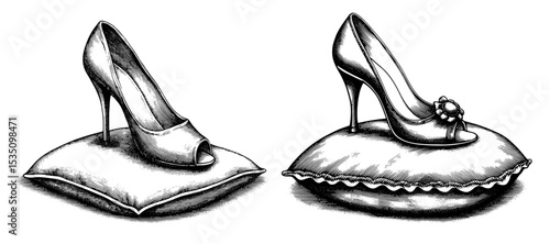 Wedding high heels, standing on a pillow in vintage engraving style, black and white
