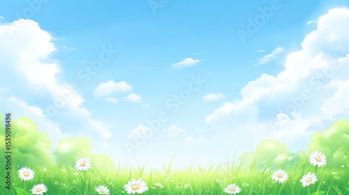A sunny meadow scene with wildflowers and a clear sky.