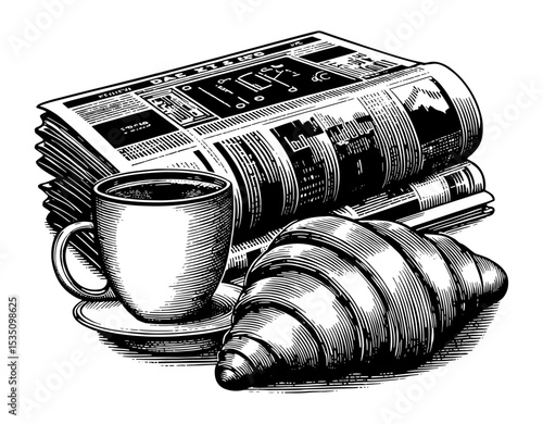 Classic breakfast with coffee, croissant, and newspaper, vintage engraved style in black in white