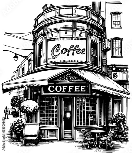Corner coffee shop in a vintage woodblock print style in black and white, European city cafe