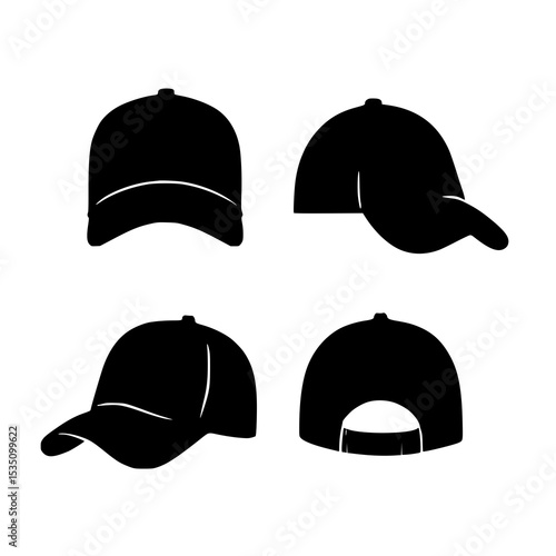 Set of Baseball Hat Icons – Black Logo Design Vector Illustration