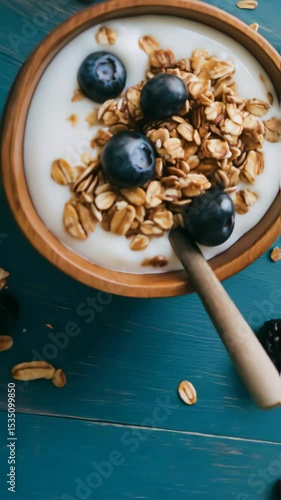 Greek yogurt with honey, nuts, and berries on teal background