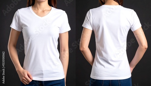 Front and back view of a blank white women's v-neck t-shirt