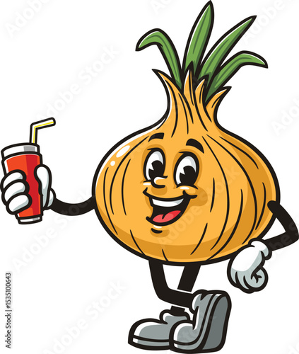 Cartoon character onion holding a soft drink