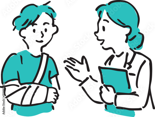 Doctor explaining treatment to injured boy with arm sling – medical illustration