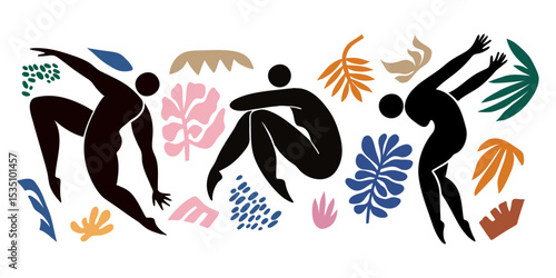 Set of Vector illustration, featuring abstract human silhouettes and bright colorful plants and leaves in a bold cut out design surrounded by abstract leaves