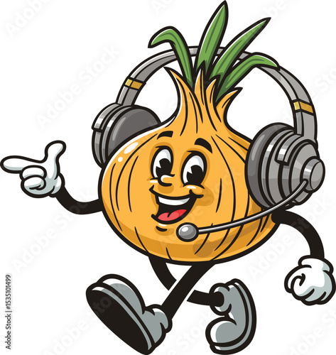 Cartoon character onion is wearing a headset or headphone