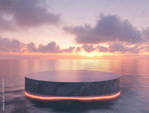 flawless image of 3d circle podium product stand or display with water river background and cinematic light high detail 8k